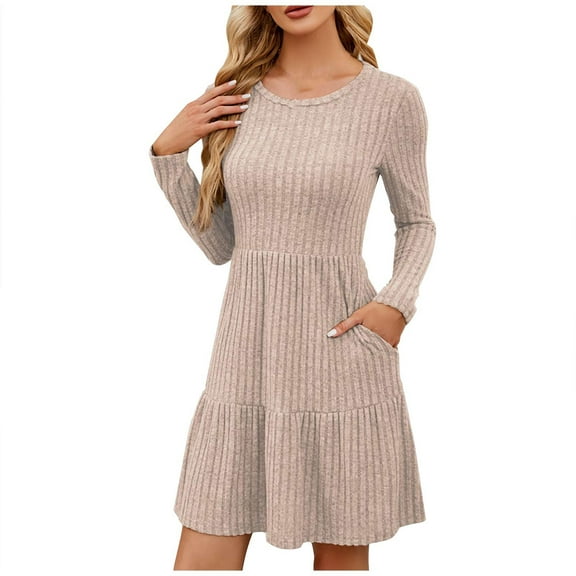 ZHYou Womens Dresses Long Sleeve Ribbed Knit Tiered Mini Dress Crew Neck Stretchy Flared Hem Casual Chic Dresses,Khaki,XL