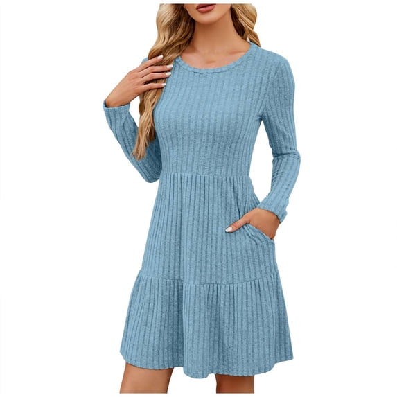 ZHYou Womens Dresses Long Sleeve Ribbed Knit Tiered Mini Dress Crew Neck Stretchy Flared Hem Casual Chic Dresses,Light Blue,L