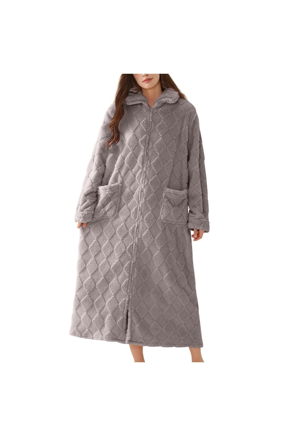 Womens Dresses Plush Robe Long Sleeve Quilted Fleece Dressing Gown Soft Warm Pocketed Comfort Dresses,Gray,M