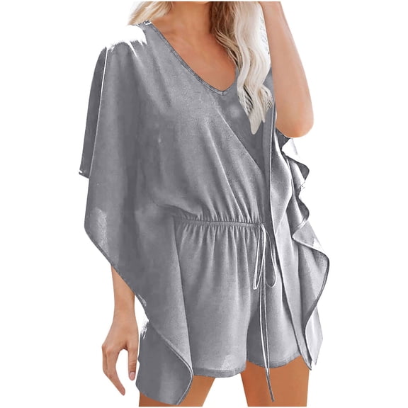 ZHYou Womens Dresses Romper Short Sleeve V-Neck Flowy Wide Leg Drawstring Waist Casual Summer Comfort Dresses,Gray,3XL