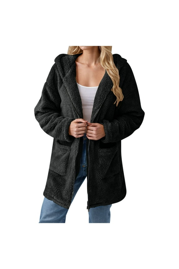 Womens Fleece Cardigans Hooded Zipper Up Loose Thick Warm Casual Coat Fuzzy Jackets