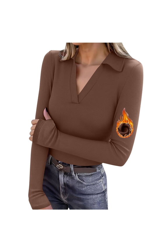 Womens Fleece Lined Ribbed Knit Shirts Long Sleeve V Neck Tops Thermal Warm Shirts Basic Tunic Tees,Brown,2XL