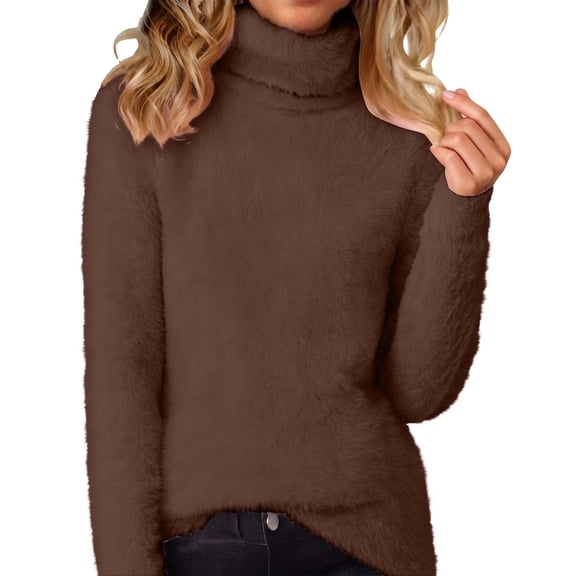 ZHYou Womens Fuzzy Sweaters,Plush Warm Turtleneck Pullover Long Sleeve Soft Knitwear Tops,Brown,M