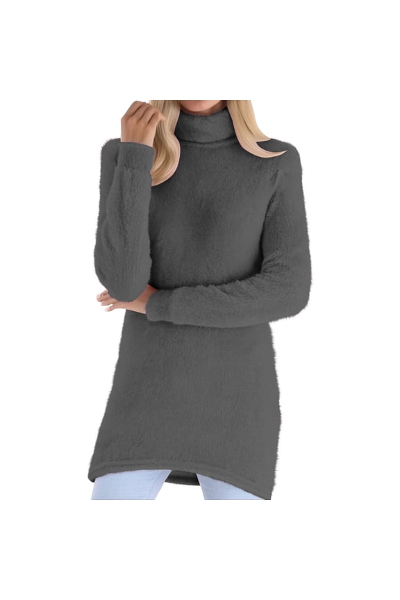 Womens Fuzzy Turtleneck Sweaters Dresses Soft Long Sleeve Warm Plush Loose Fit Casual Comfy Outwear,Dark Gray,S