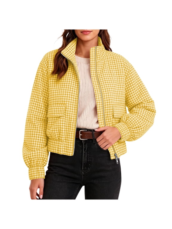 Womens Gingham Cropped Puffer Jackets Long Sleevse Stand Collar Zipper Up Casual Short Plaid Padded Coats with Flap Pockets