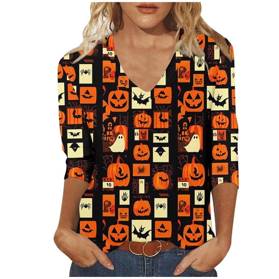 ZHYou Womens Halloween Shirts V-Neck 3/4 Sleeves Cute Printed Casual Comfy Baggy Fit Tops,Multicolor,Size 2XL