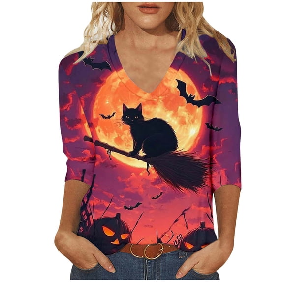 ZHYou Womens Halloween Shirts V-Neck 3/4 Sleeves Cute Printed Casual Comfy Baggy Fit Tops,Multicolor,Size L