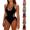 thumbnail image 1 of ZHYou Womens Halter Cutout One Piece Swimsuit,Deep V Neck Mesh Monokini Bathing Suits,Black,Size L, 1 of 5