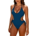 thumbnail image 1 of ZHYou Womens Halter Cutout One Piece Swimsuit,Deep V Neck Mesh Monokini Bathing Suits,Blue,Size L, 1 of 5