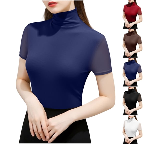 ZHYou Womens High Neck Mesh Panel Short Sleeve Shirts Slim Fit Stretchy Breathable Fashion Tops,Blue,S