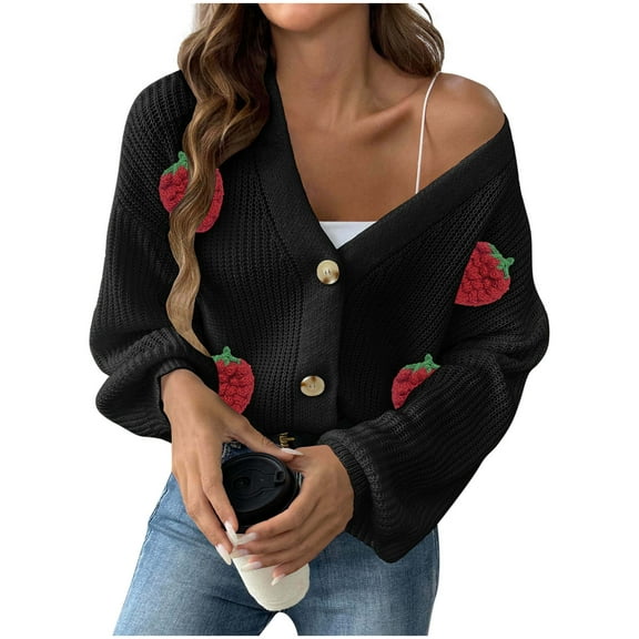 ZHYou Womens Knit Cardigan with Embroidered Strawberries,Cute V-Neck Button-Up Sweater,Loose Fit with Puff Sleeves,Trendy Spring Fashion,Size：S,M,L,XL
