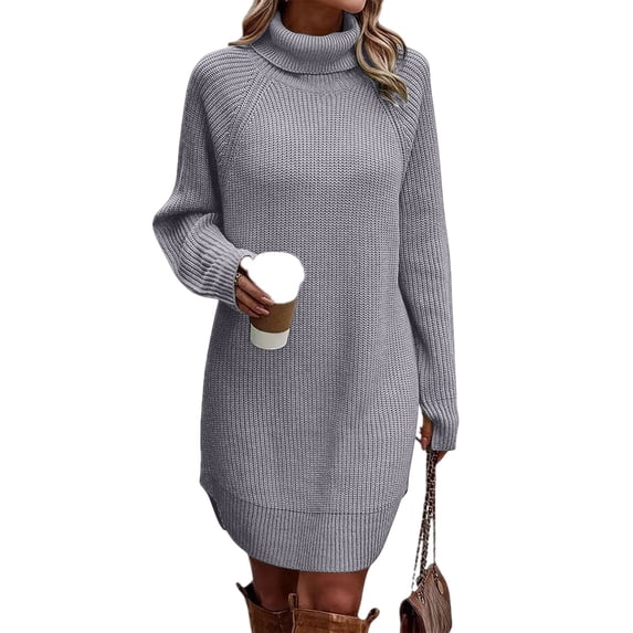 ZHYou Womens Knit Sweater Dresses Casual Raglan Long Sleeve Turtleneck Side Slit Loose Fall Winter Warm Pullover Mini Dresses,Gray,Size M