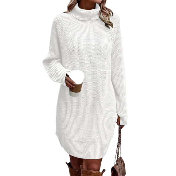 ZHYou Womens Knit Sweater Dresses Casual Raglan Long Sleeve Turtleneck Side Slit Loose Fall Winter Warm Pullover Mini Dresses,White,Size S