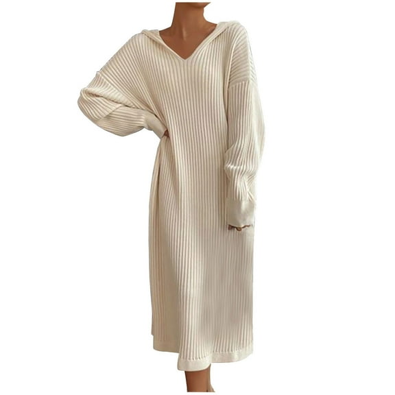 ZHYou Womens Knit Sweater Dresses Long Sleeve V-Neck Oversized Maxi Dress Ribbed Knit Side Pockets Loose Fit Skirts,Beige,Free Size