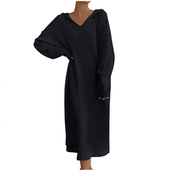 ZHYou Womens Knit Sweater Dresses Long Sleeve V-Neck Oversized Maxi Dress Ribbed Knit Side Pockets Loose Fit Skirts,Black,Free Size