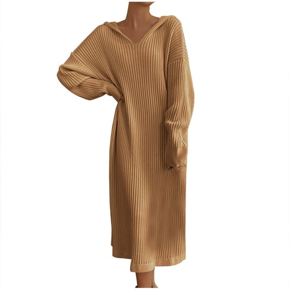 ZHYou Womens Knit Sweater Dresses Long Sleeve V-Neck Oversized Maxi Dress Ribbed Knit Side Pockets Loose Fit Skirts,Brown,Free Size