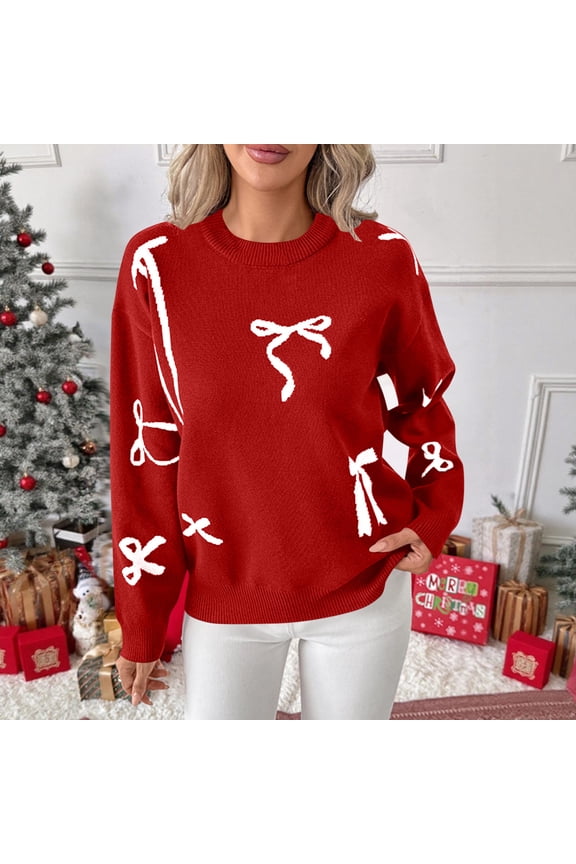 Womens Knit Sweaters,Oversized Long Sleeve Cute Bow Cozy Crew Neck Casual Warm Pullover Jumper Tops,Red,2XL