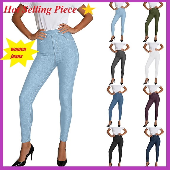 ZHYou Womens Leggings Jeans Slim Fit Elastic High Waist Tummy Control Skinny Pull On Demin Pants,Light Blue,Size L