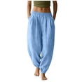 thumbnail image 1 of ZHYou Womens Linen Harem Pants,Cuffed Leg Drawstring Waist Baggy Lounge Wear Casual Trousers with Pockets,Blue,Size L, 1 of 5