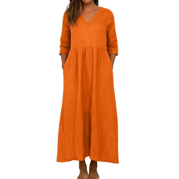 ZHYou Womens Long Dresses Linen Blend V-Neck 3/4 Sleeve Loose Fit Tiered Maxi Dresses with Pockets,Orange,XL