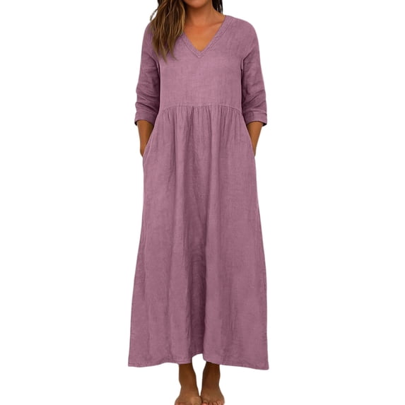 ZHYou Womens Long Dresses Linen Blend V-Neck 3/4 Sleeve Loose Fit Tiered Maxi Dresses with Pockets,Purple,XL