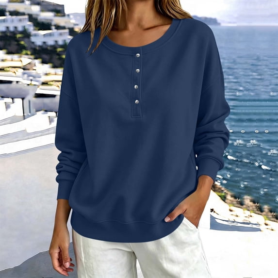 ZHYou Womens Long Sleeve Sweatshirts Henley Half Button Collared Loose Fit Drop Shoulder Casual Pullover Tops,Navy,Size S