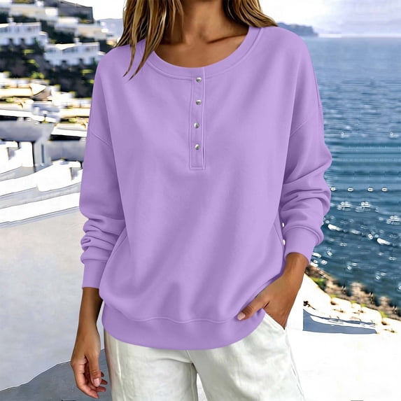 ZHYou Womens Long Sleeve Sweatshirts Henley Half Button Collared Loose Fit Drop Shoulder Casual Pullover Tops,Purple,Size S