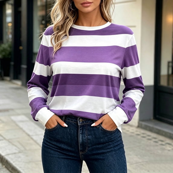 ZHYou Womens Long Sleeve Tops Striped Crew Neck Baggy Fit Color Block Casual Pullover Shirts for Daily Wear,Purple,Size S
