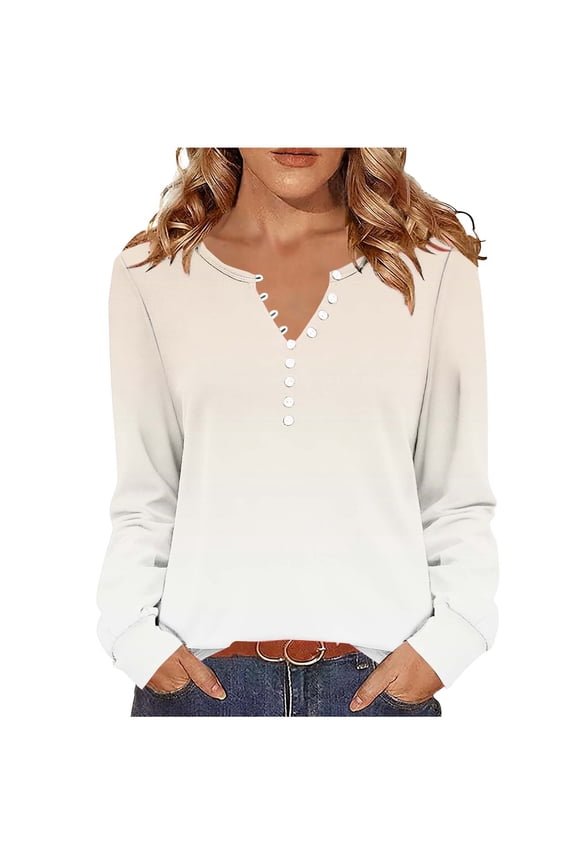 Womens Long Sleeve V-Neck Top Gradient Ombre Henley Blouses with Button Placket, Loose Fit Casual Chic Tunic Shirts,Sizes:S,M,L,XL,2XL,3XL