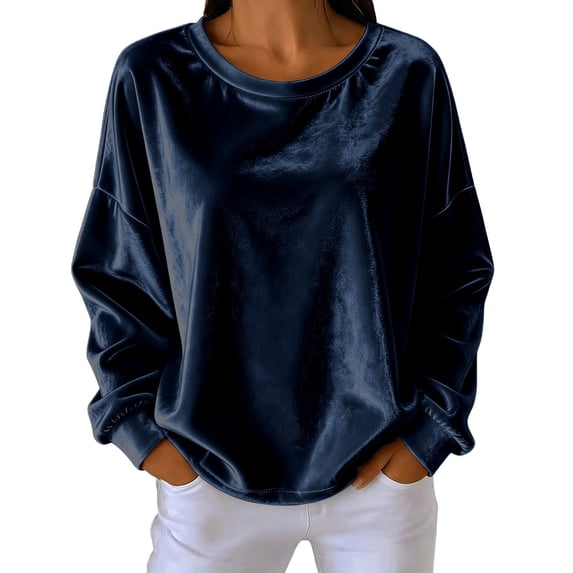 ZHYou Womens Long Sleeve Velvet Sweatshirts Crew Neck Drop Shoulder Loose Fit Casual Loungewear Tops,Navy,Size L