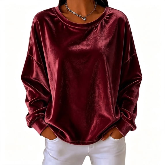ZHYou Womens Long Sleeve Velvet Sweatshirts Crew Neck Drop Shoulder Loose Fit Casual Loungewear Tops,Wine,Size 2XL