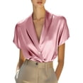 thumbnail image 1 of ZHYou Womens Luxe Satin Blouses Deep V-Neck Short Sleeve Wrinkle-Resistant Suit Shirts,Pink,S, 1 of 9
