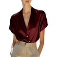 thumbnail image 1 of ZHYou Womens Luxe Satin Blouses Deep V-Neck Short Sleeve Wrinkle-Resistant Suit Shirts,Wine,L, 1 of 9