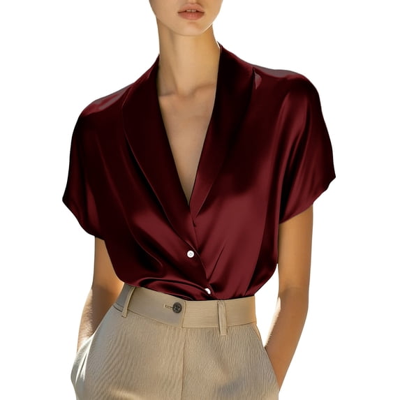 ZHYou Womens Luxe Satin Blouses Deep V-Neck Short Sleeve Wrinkle-Resistant Suit Shirts,Wine,S