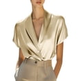 thumbnail image 1 of ZHYou Womens Luxe Satin Blouses Deep V-Neck Short Sleeve Wrinkle-Resistant Suit Shirts,Yellow,2XL, 1 of 9