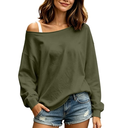 ZHYou Womens Off Shoulder Long Sleeve Sweatshirts,Casual Boat Neck Loose Pullover Oversized Lightweight Blouses,Army Green,Size S