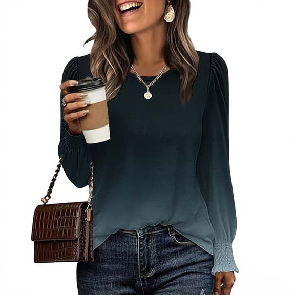 ZHYou Womens Ombre Long Sleeve Top Gradient Color Block Loose Fit Pullover Shirts with Smocked Cuff, Casual Blouse,Sizes:S,M,L,XL,2XL