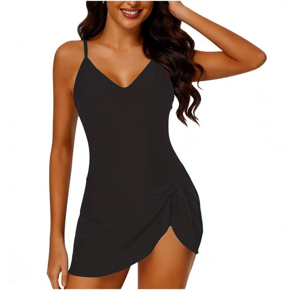 ZHYou Womens One Piece Swimdress V Neck Swimsuits for Women Tummy Control Swim Dress Slimming Side Tie Skirt,Black,Size S
