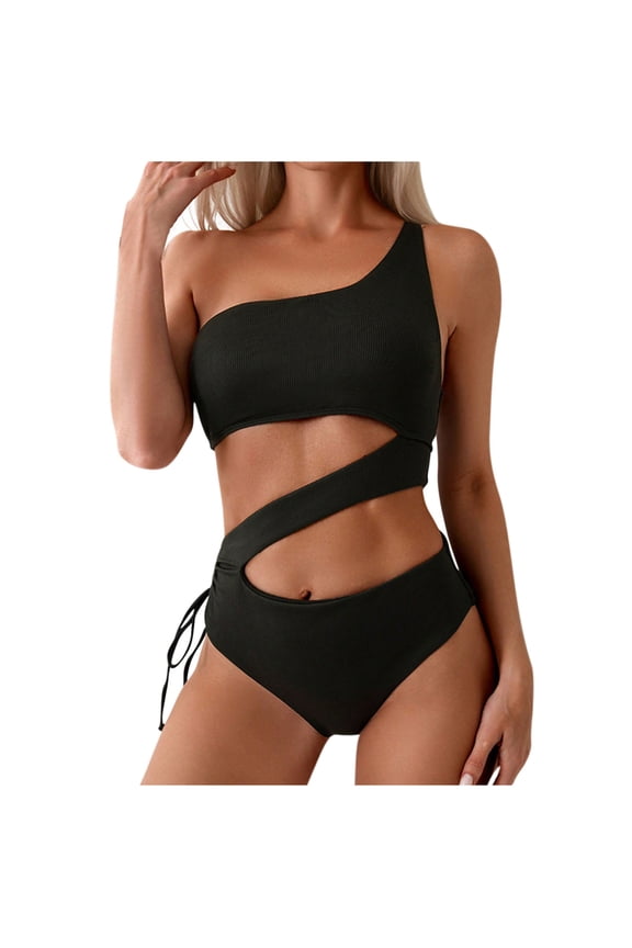 Womens One Piece Swimsuit,Cut Out One Shoulder Tummy Control Bathing Suit,Cheeky Monokini Vacation Pool Party,Black,M