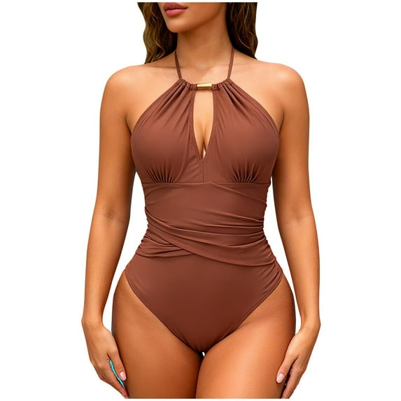 ZHYou Womens One Piece Swimsuits Slim Fit Tummy Control Strape Neck Bathing Suit Halter Swimwear,Brown,XL