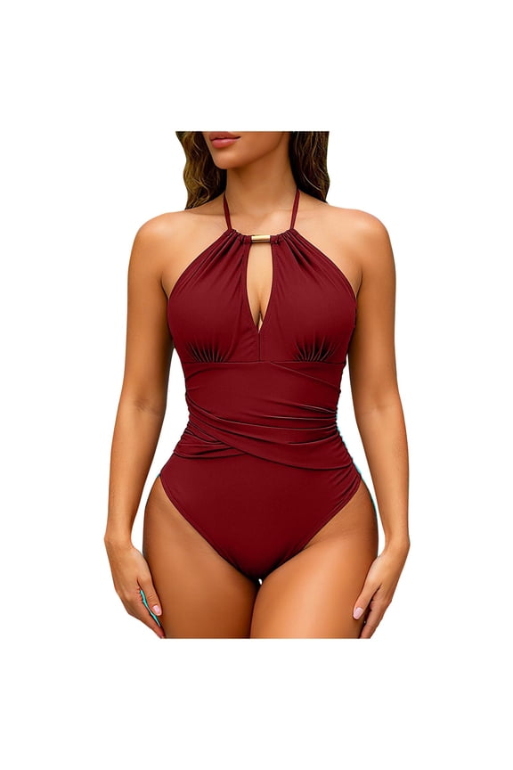 Womens One Piece Swimsuits Slim Fit Tummy Control Strape Neck Bathing Suit Halter Swimwear,Wine,S