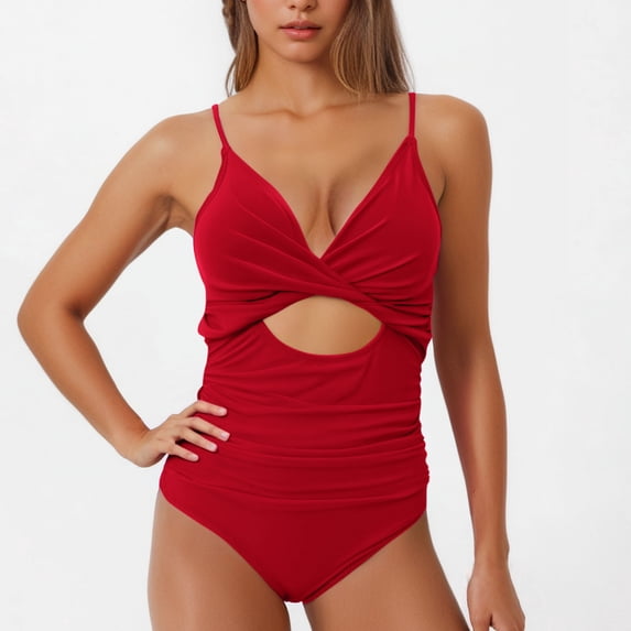 ZHYou Womens One Piece Swimsuits Tummy Control Cutout High Waisted Bathing Suit Wrap Tie Back Swimsuits,Red,S