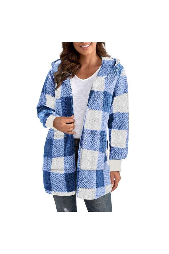 Womens Open Front Jacket Long Sleeve Plaid Casual Warm Coats With Pockets
