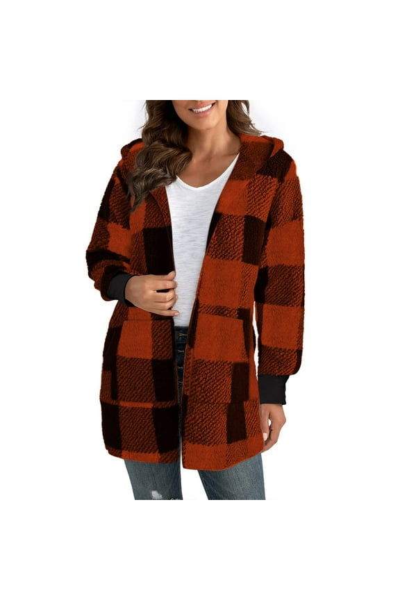 Womens Open Front Jacket Long Sleeve Plaid Casual Warm Coats With Pockets
