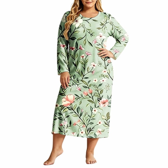 ZHYou Womens Plus Size Midi Dresses Floral Printed Long Sleeve Round Neck Loose Casual Nightgown Loungewear Sleep Dresses,Multicolor,Size XL