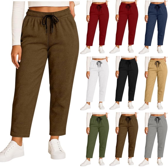 ZHYou Womens Plus Size Pants,Corduroy,Casual High Waisted Drawstring Soft Baggy Pull On Sweatpants,Brown,Size L