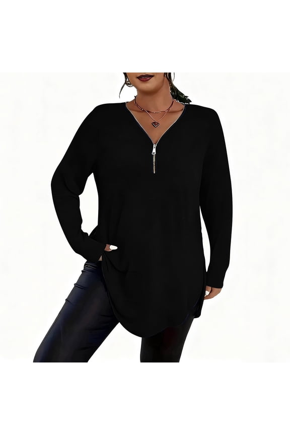 Womens Plus Size V-Neck Zip Front Tunic Top Long Sleeve Loose Fit Blouse with Pockets, Stretchy Soft Knit Shirt,Sizes:XL,2XL,3XL,4XL,5XL