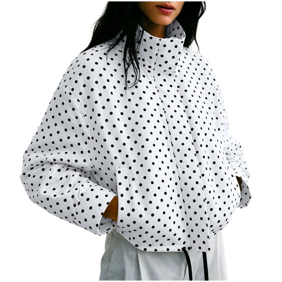 ZHYou Womens Polka Dot Cropped Puffer Jackets Stand Collar Full Zip Up Loose Long Sleeve Casual Padded Coats with Side Pockets
