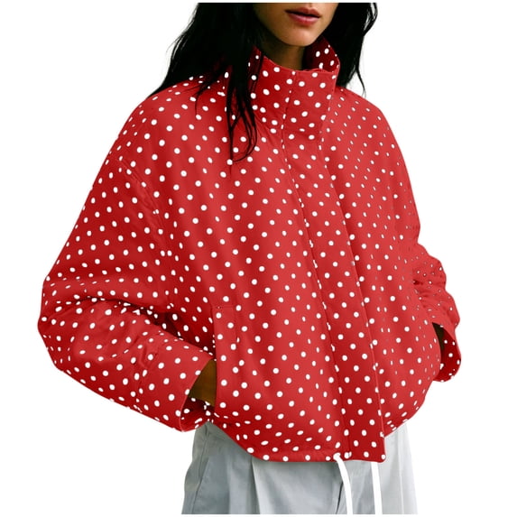 ZHYou Womens Polka Dot Cropped Puffer Jackets Stand Collar Full Zip Up Loose Long Sleeve Casual Padded Coats with Side Pockets