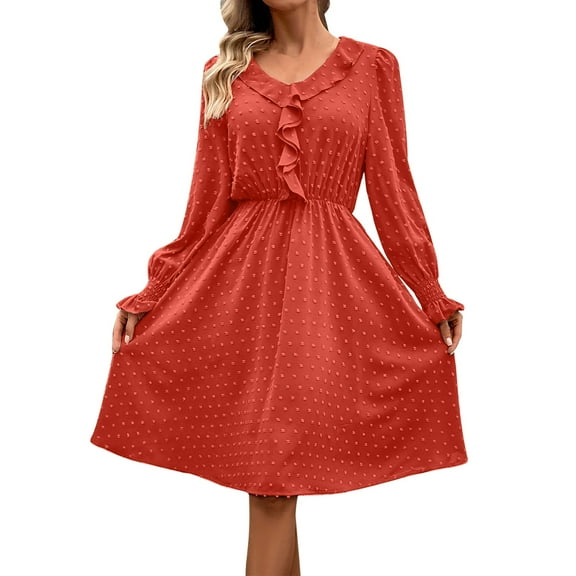 ZHYou Womens Polka Dot Dresses Long Sleeve V Neck Ruffle Collar Elastic Waist Flowy Casual Dresses,Red,L